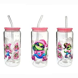 Grinch Girl Fashion Custom Glass Tumbler Cup 20oz Pink